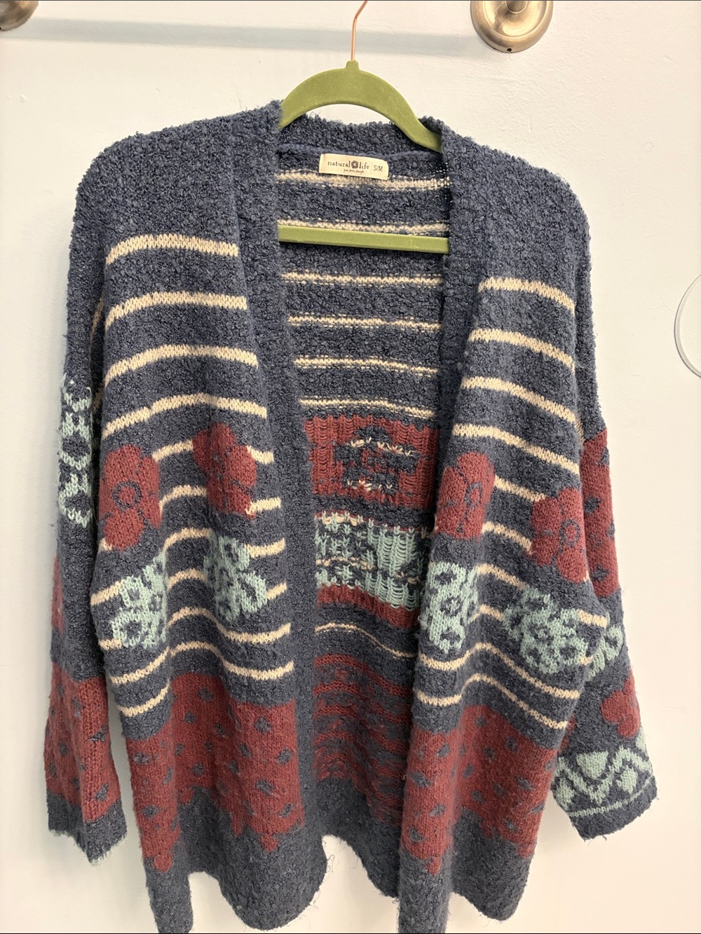 Cozy Navy Floral-Stripe Open Cardigan Sweater